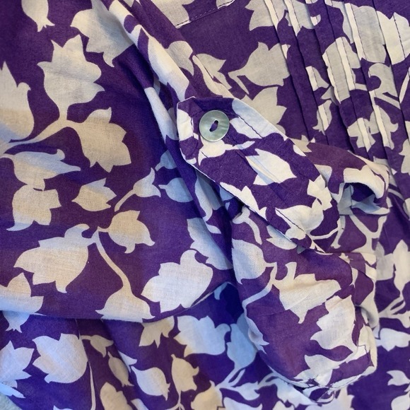 Chicos Blouse Tunic 100% Cotton US 12 Purple White‎ Tab Roll Sleeve Light Weight - Picture 6 of 8